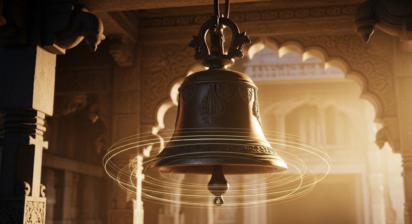 Bronze Indian temple bell with visible vibration waves illustrating harmonic frequencies, cinematic style