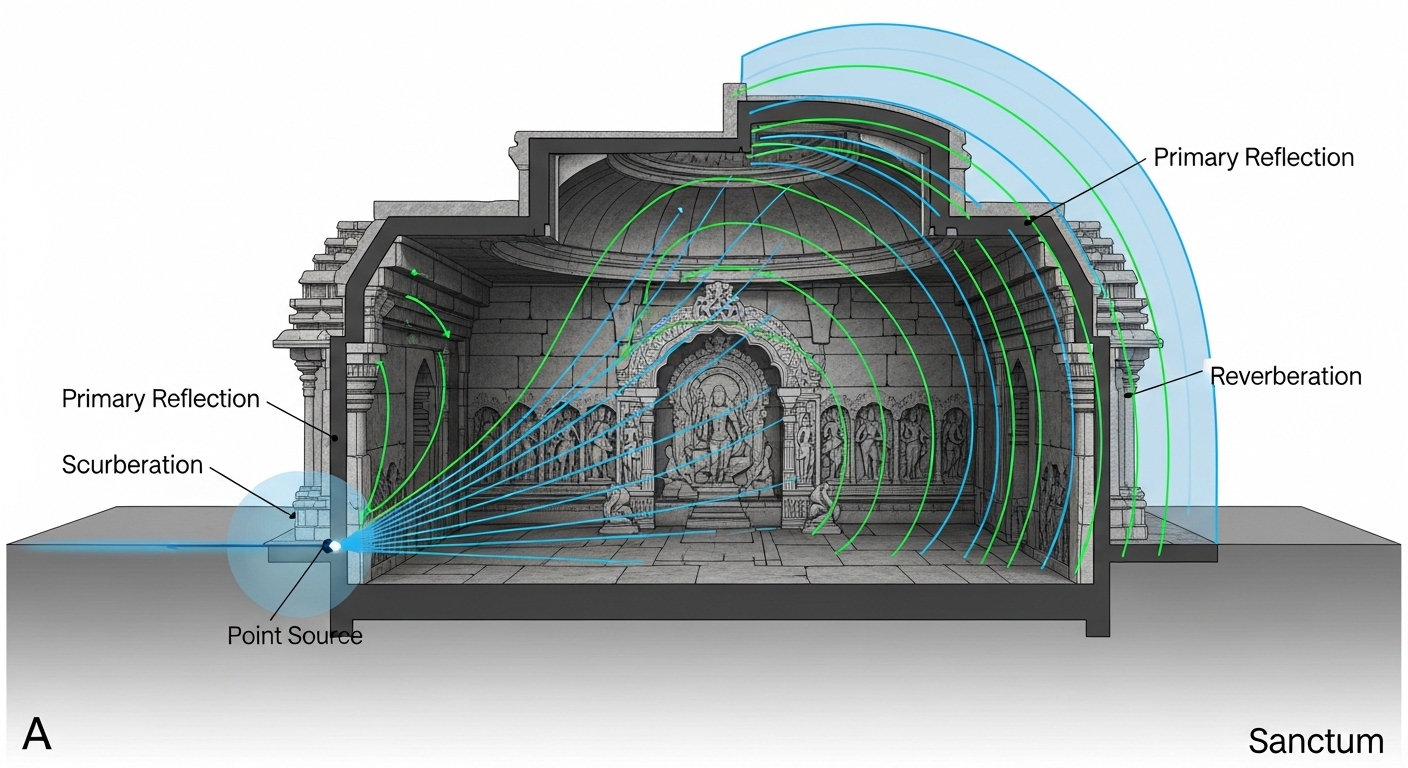 Cutaway of temple sanctum showing sound waves bouncing off stone walls and dome, acoustic resonance diagram with labels
