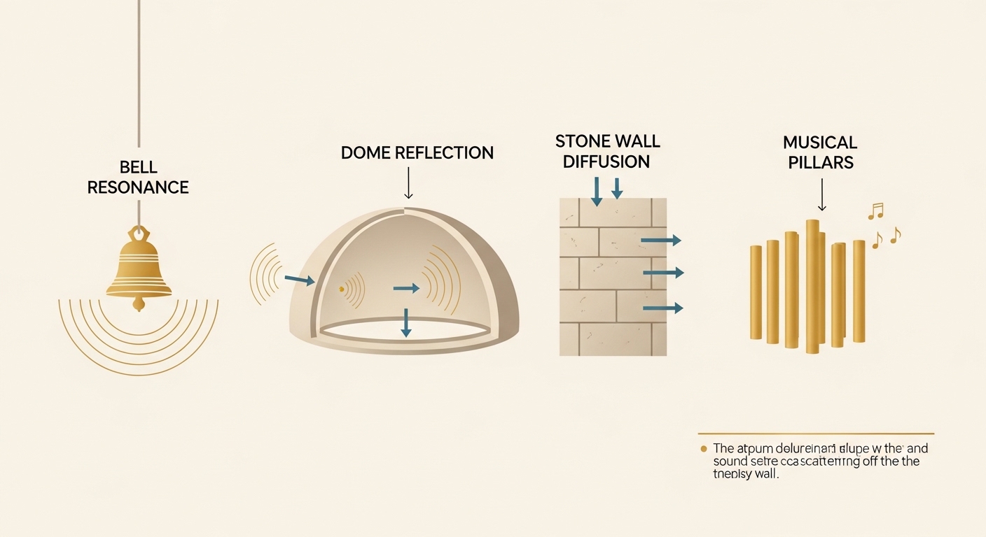 Infographic summarizing acoustic features of Indian temples bells, stone walls, domes, musical pillars, clean educational design