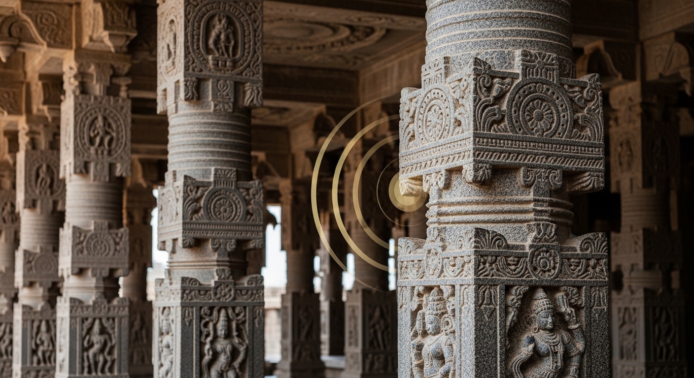 Stone musical pillars at Vittala Temple Hampi, one pillar highlighted showing sound vibrations, detailed carvings