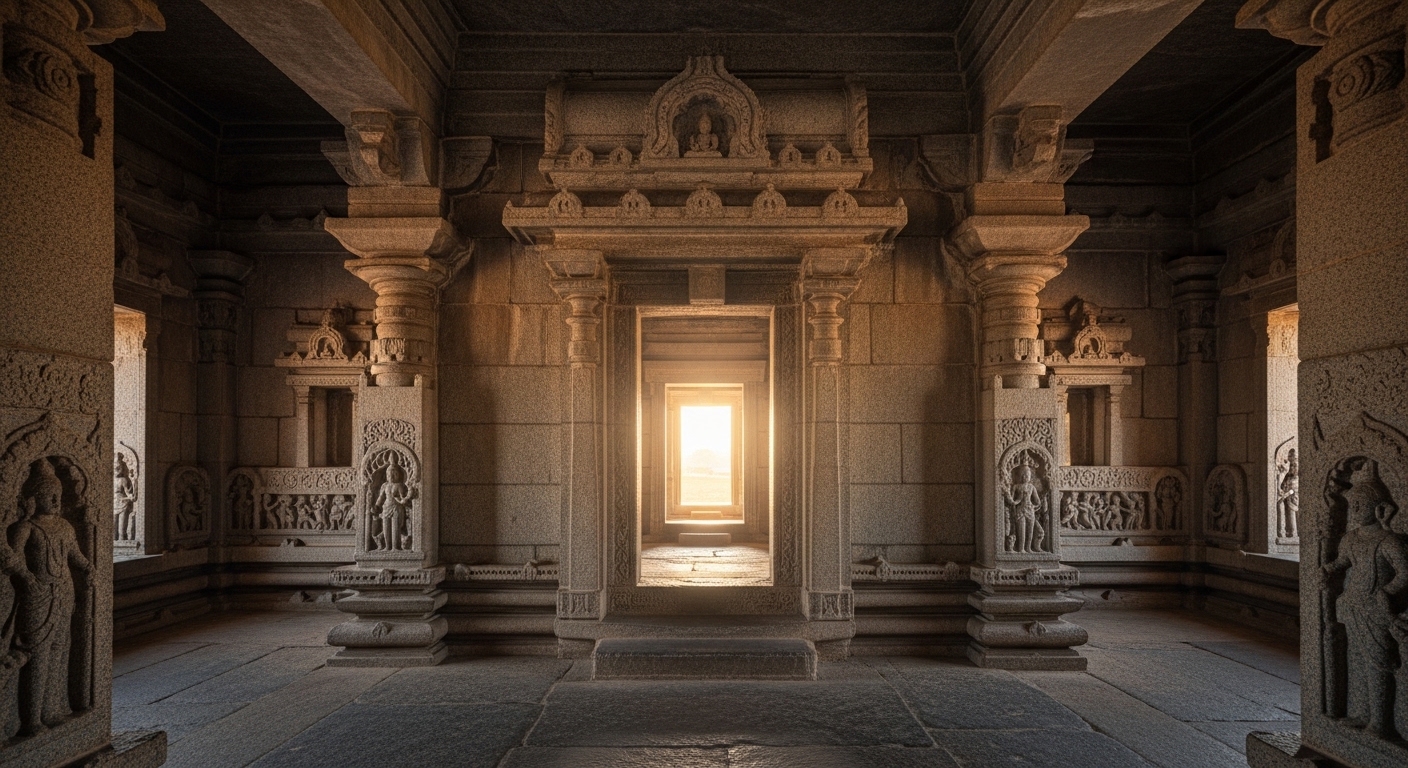 Ancient Indian temple sanctum with carved granite walls and sunlight streaming in, peaceful spiritual interior