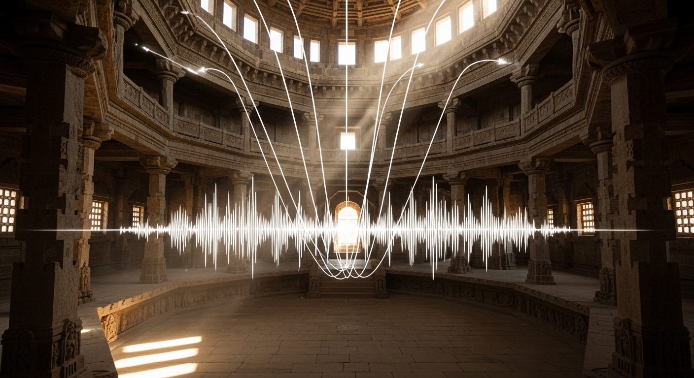 Interior of stone temple dome showing sound waves focusing at center, acoustic diagram blended with architecture