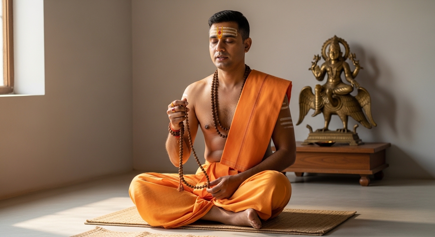 Devotee chanting Shani Dev mantras with mala beads in calm meditation