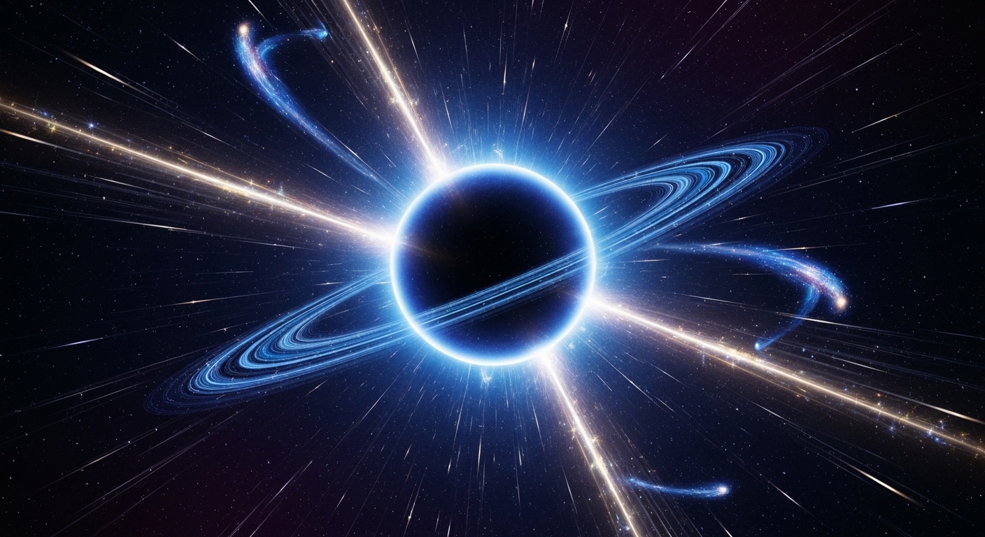 Planet Saturn glowing with blue and black cosmic aura representing Shani Dev energy